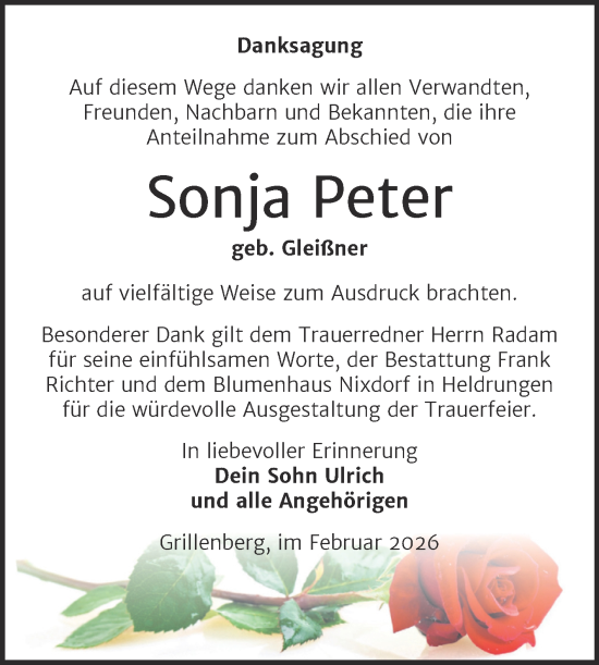 Traueranzeige von Sonja Peter von Trauerkombi Sangerhausen