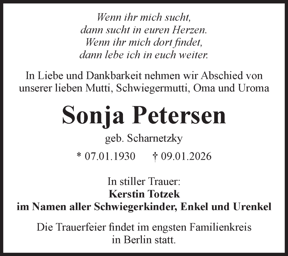  Traueranzeige für Sonja Petersen vom 14.02.2026 aus Volksstimme Magdeburg