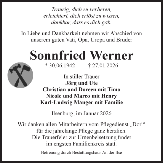 Traueranzeige von Sonnfried Werner von Volksstimme Wernigerode