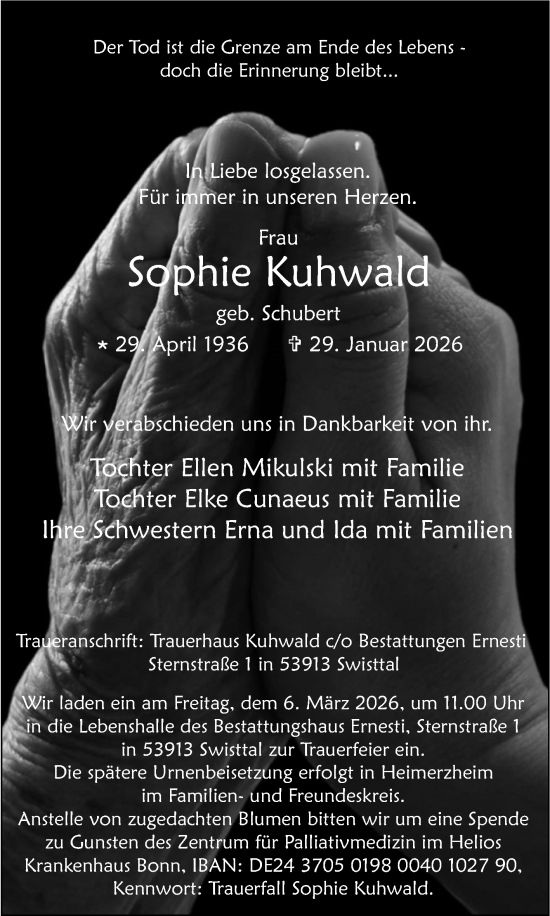 Traueranzeige von Sophie Kuhwald von Mitteldeutsche Zeitung Mansfelder Land