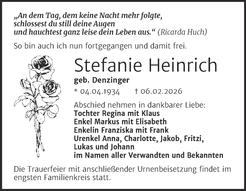  Traueranzeige für Stefanie Heinrich vom 21.02.2026 aus SuperSonntag Bitterfeld