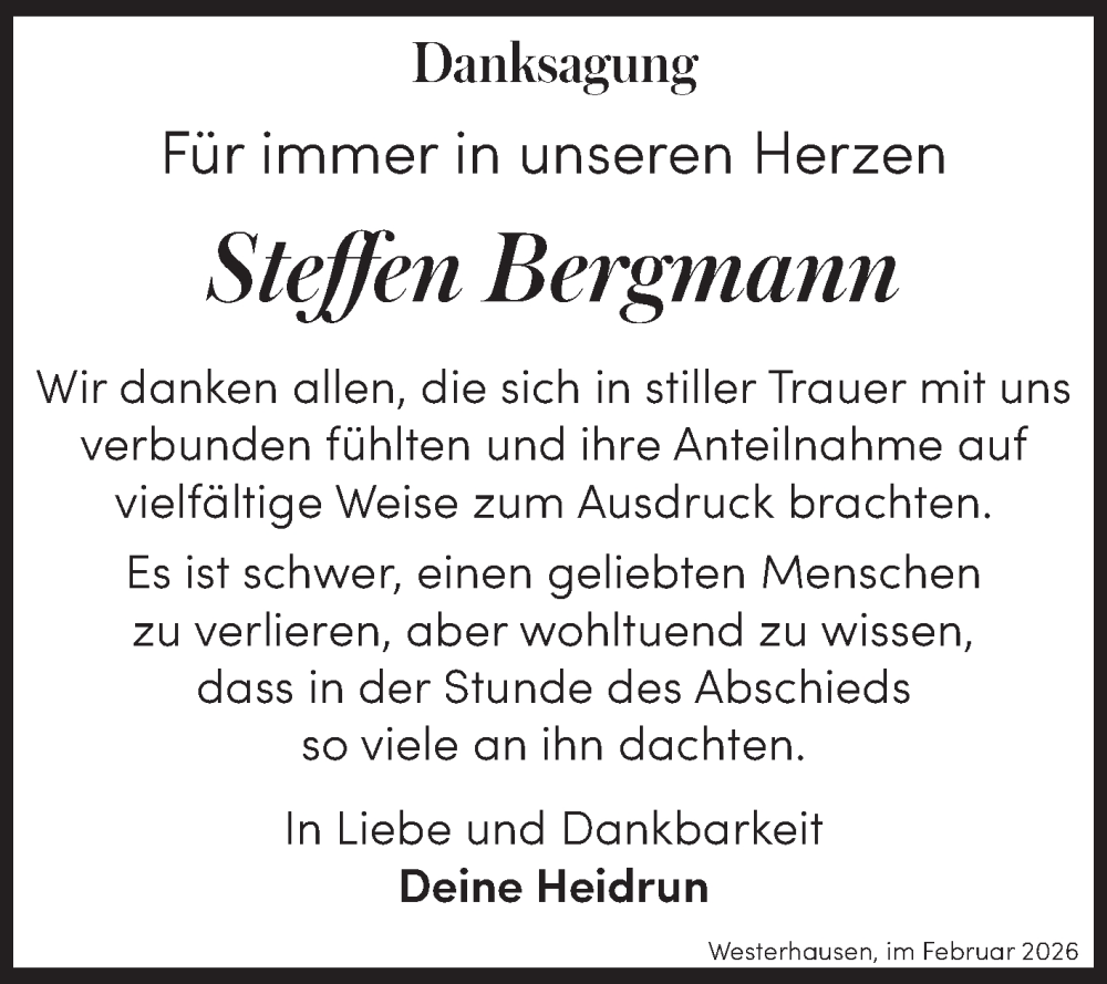  Traueranzeige für Steffen Bergmann vom 14.02.2026 aus Trauerkombi Quedlinburg