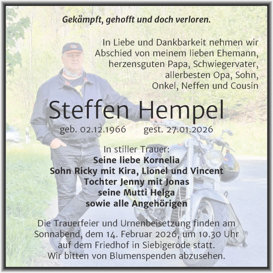 Traueranzeige von Steffen Hempel von Trauerkombi Mansfelder Land