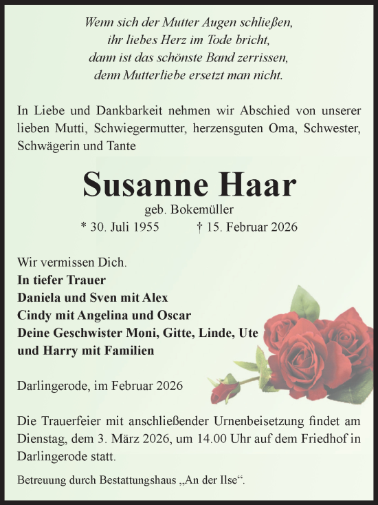Traueranzeige von Susanne Haar von Volksstimme Wernigerode