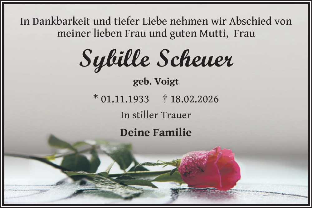  Traueranzeige für Sybille Scheuer vom 28.02.2026 aus Trauerkombi Zeitz
