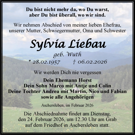 Traueranzeige von Sylvia Liebau von Trauerkombi Aschersleben