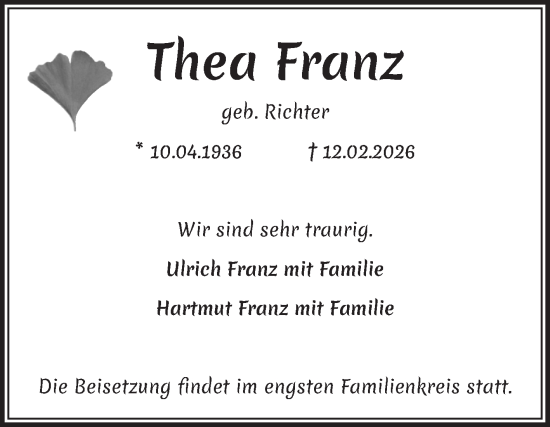 Traueranzeige von Thea Franz von Volksstimme Magdeburg