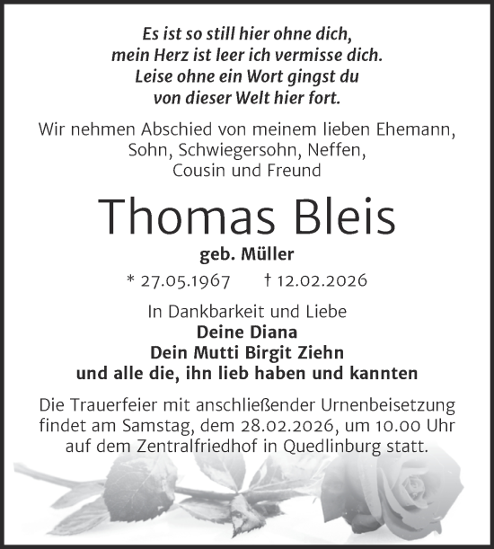 Traueranzeige von Thomas Bleis von Trauerkombi Quedlinburg