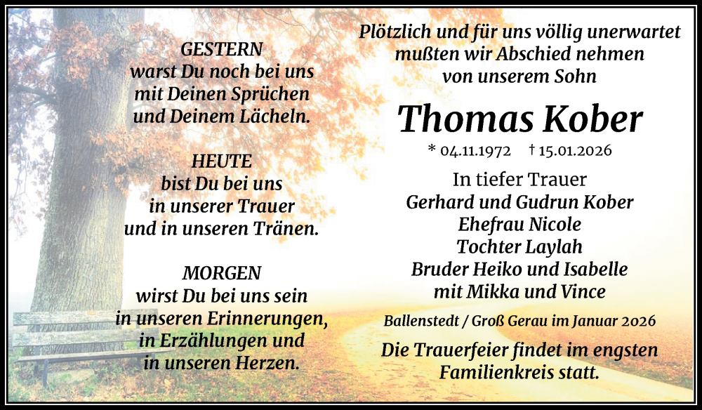  Traueranzeige für Thomas Kober vom 07.02.2026 aus Trauerkombi Quedlinburg