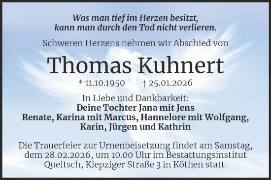 Traueranzeige von Thomas Kuhnert von Trauerkombi Köthen