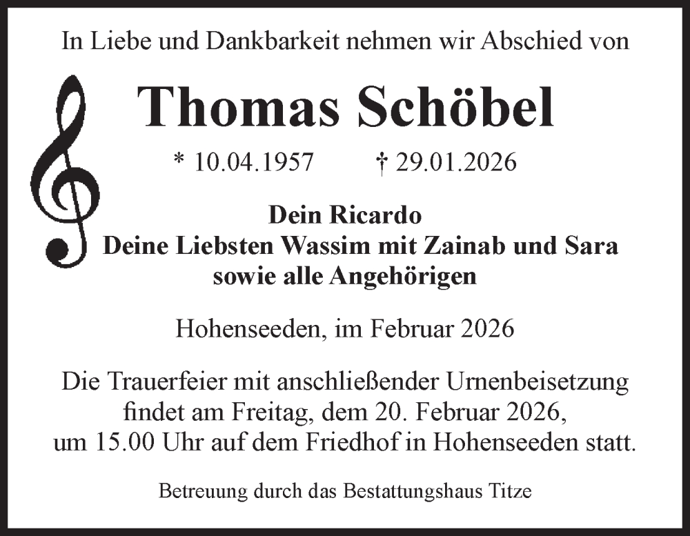  Traueranzeige für Thomas Schöbel vom 07.02.2026 aus Volksstimme Burg/Genthin