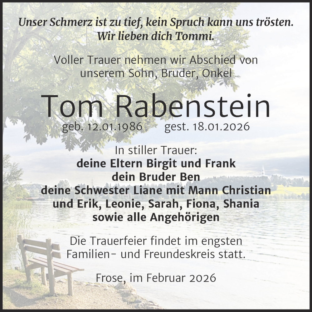  Traueranzeige für Tom Rabenstein vom 07.02.2026 aus Trauerkombi Aschersleben