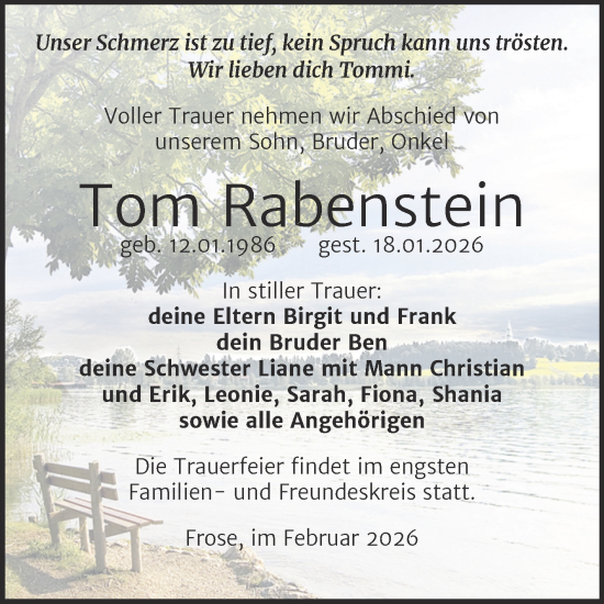 Traueranzeige von Tom Rabenstein von Trauerkombi Aschersleben