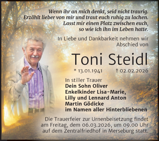 Traueranzeige von Toni Steidl von Trauerkombi Merseburg