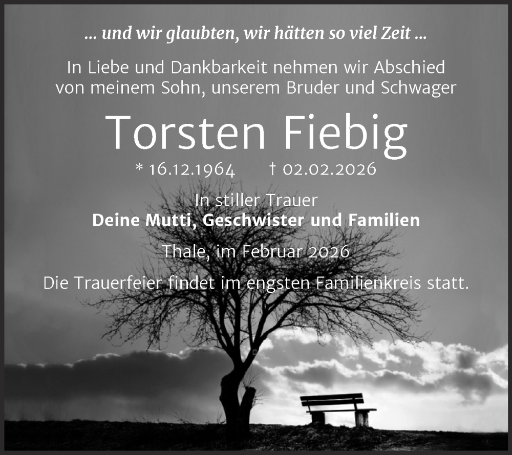  Traueranzeige für Torsten Fiebig vom 14.02.2026 aus Trauerkombi Quedlinburg