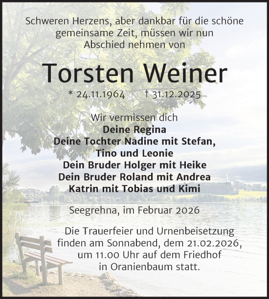 Traueranzeige von Torsten Weiner von Trauerkombi Wittenberg
