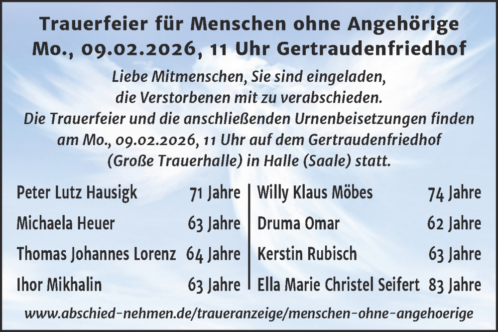  Traueranzeige für Totentafel vom 07.02.2026 vom 07.02.2026 aus Mitteldeutsche Zeitung Halle/Saalkreis