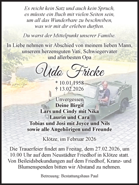 Traueranzeige von Udo Fricke von Volksstimme Altmark West