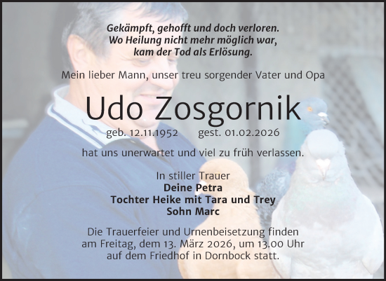 Traueranzeige von Udo Zosgornik von Trauerkombi Köthen
