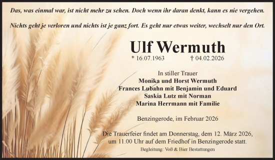 Traueranzeige von Ulf Wermuth von Volksstimme Wernigerode