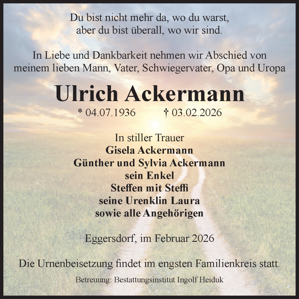  Traueranzeige für Ulrich Ackermann vom 07.02.2026 aus Volksstimme Schönebeck