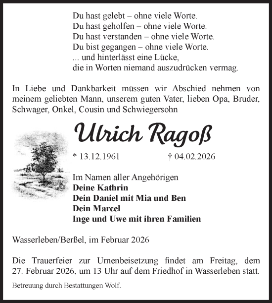 Traueranzeige von Ulrich Ragoß von Volksstimme Halberstadt