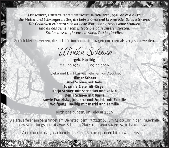 Traueranzeige von Ulrike Schnee von Naumburger Tageblatt