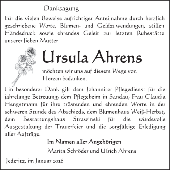 Traueranzeige von Ursula Ahrens von Volksstimme Altmark Ost