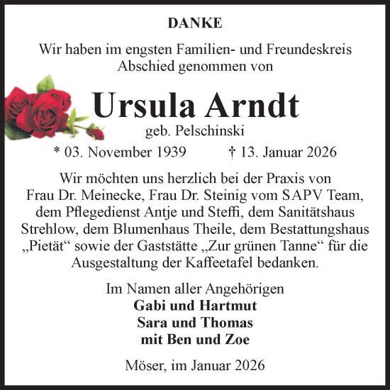 Traueranzeige von Ursula Arndt von Volksstimme Burg/Genthin