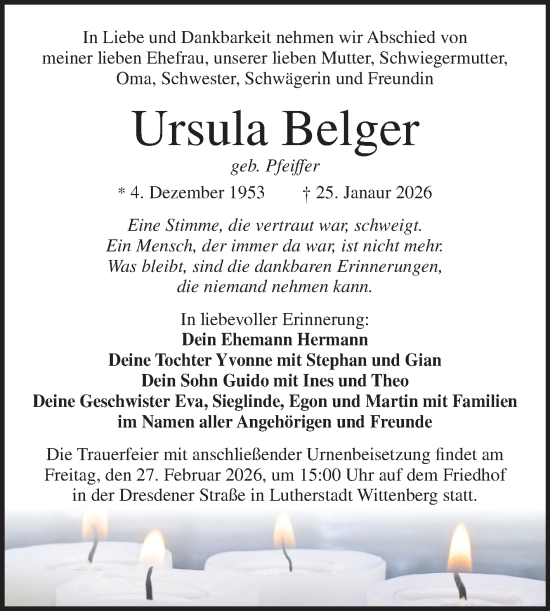 Traueranzeige von Ursula Belger von Trauerkombi Wittenberg