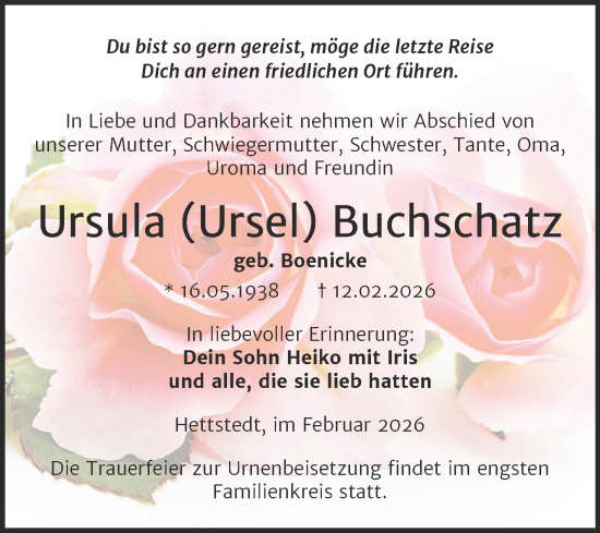 Traueranzeige von Ursula Buchschatz von Trauerkombi Mansfelder Land