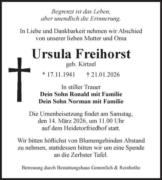 Traueranzeige von Ursula Freihorst von Volksstimme Zerbst
