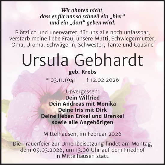 Traueranzeige von Ursula Gebhardt von Trauerkombi Sangerhausen