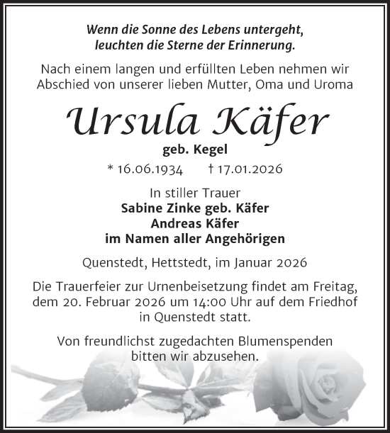 Traueranzeige von Ursula Käfer von Trauerkombi Mansfelder Land