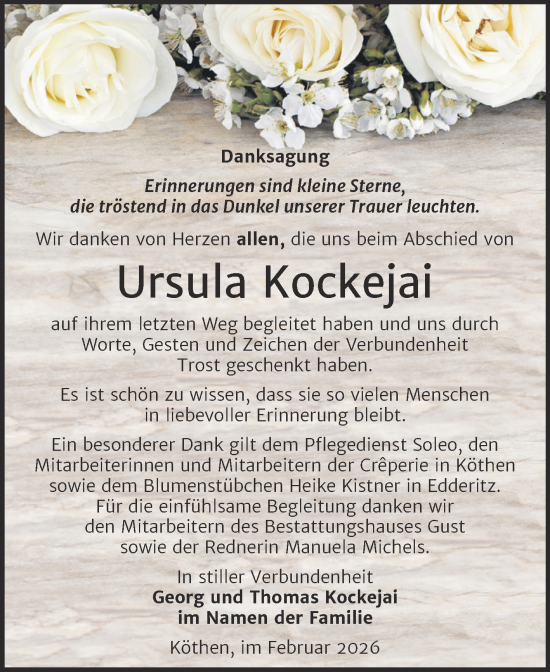 Traueranzeige von Ursula Kockejai von Trauerkombi Köthen