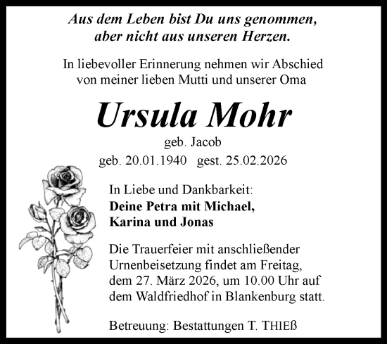 Traueranzeige von Ursula Mohr von Volksstimme Wernigerode