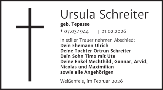 Traueranzeige von Ursula Schreiter von Trauerkombi Weißenfels