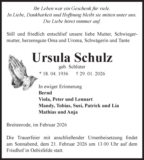 Traueranzeige von Ursula Schulz von Volksstimme Altmark West