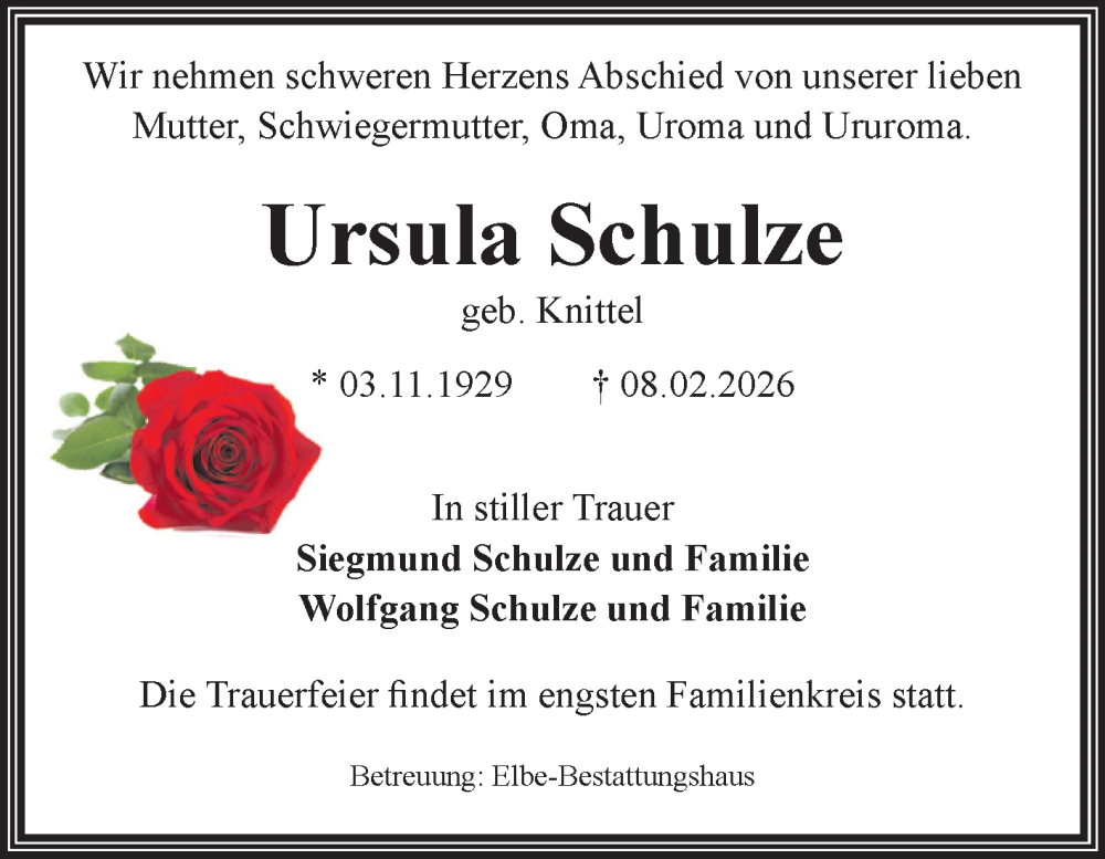  Traueranzeige für Ursula Schulze vom 14.02.2026 aus Volksstimme Magdeburg