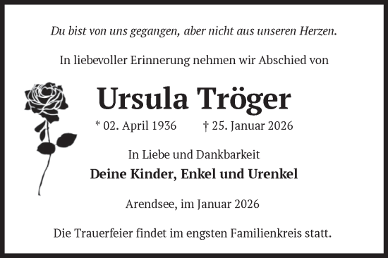 Traueranzeige von Ursula Tröger von Volksstimme Altmark Ost
