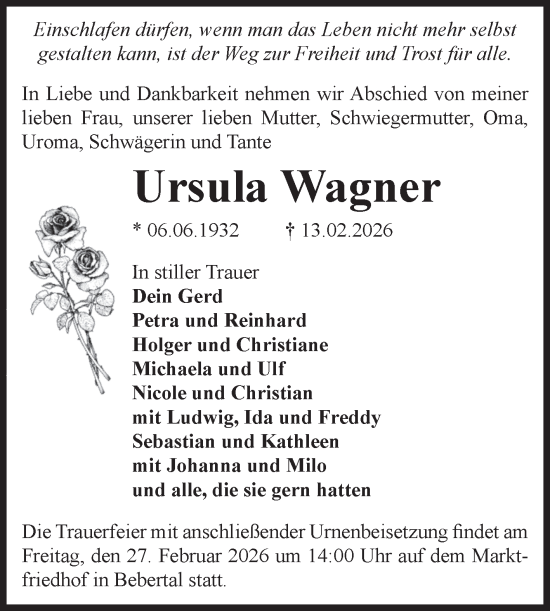 Traueranzeige von Ursula Wagner von Volksstimme Haldensleben/Wolmirstedt
