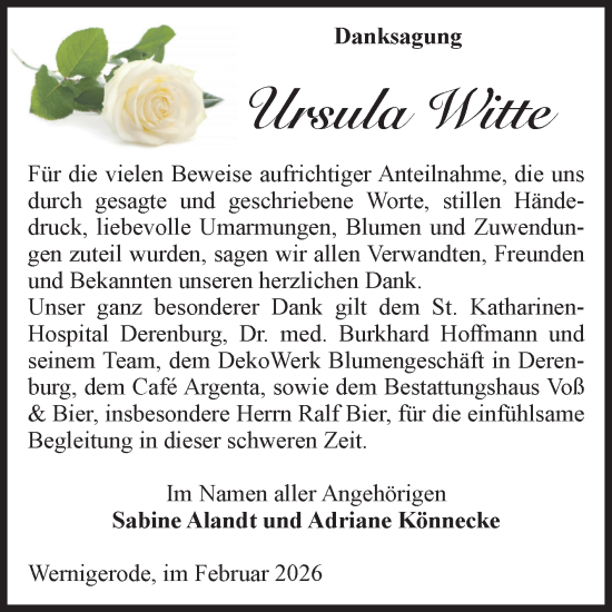 Traueranzeige von Ursula Witte von Volksstimme Wernigerode