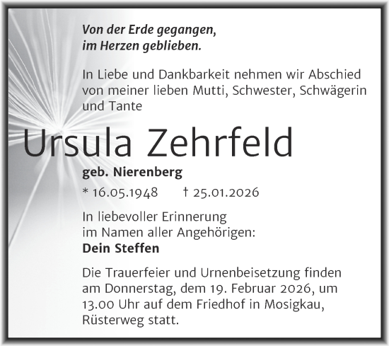 Traueranzeige von Ursula Zehrfeld von Trauerkombi Dessau