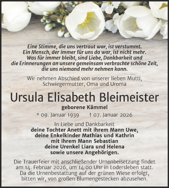Traueranzeige von Ursula Elisabeth Bleimeister von Trauerkombi Merseburg
