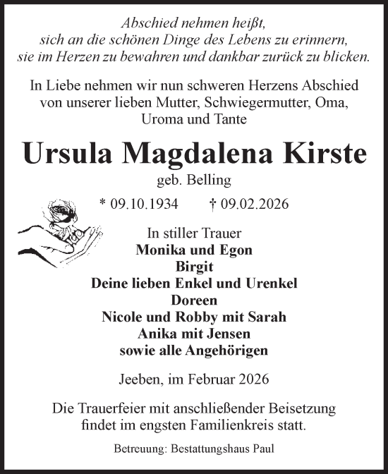 Traueranzeige von Ursula Magdalena Kirste von Volksstimme Altmark West