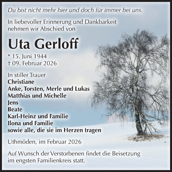 Traueranzeige von Uta Gerloff von Volksstimme Haldensleben/Wolmirstedt