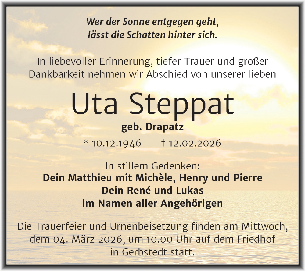  Traueranzeige für Uta Steppat vom 20.02.2026 aus Trauerkombi Mansfelder Land