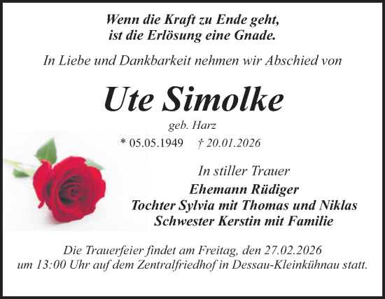 Traueranzeige von Ute Simolke von Trauerkombi Dessau