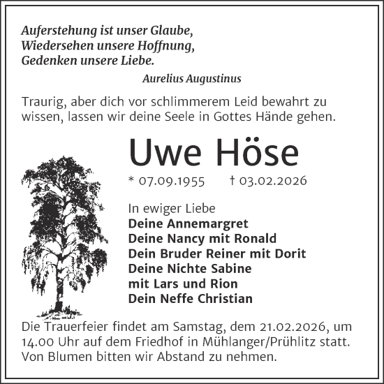 Traueranzeige von Uwe Höse von Trauerkombi Wittenberg