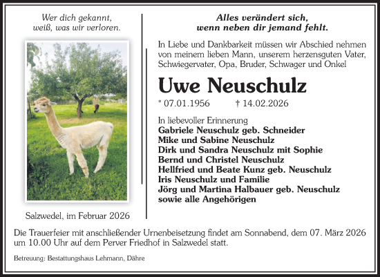 Traueranzeige von Uwe Neuschulz von Volksstimme Altmark West